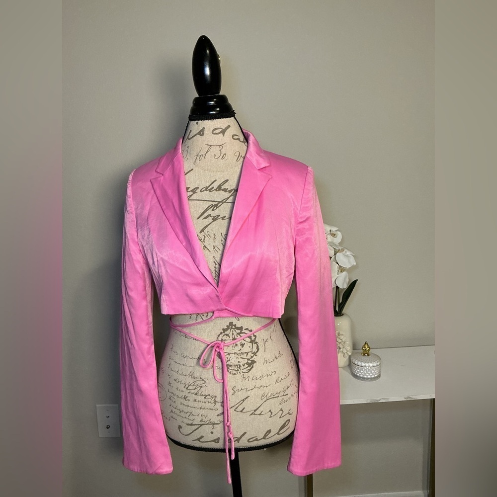 Zara Pink Cropped Blazer with Tie Detail